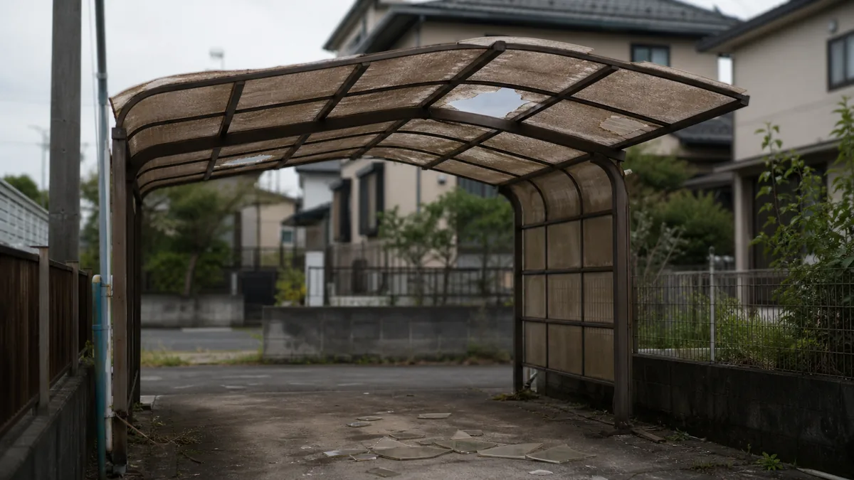 屋根が劣化して一部が割れた空き家のカーポート
