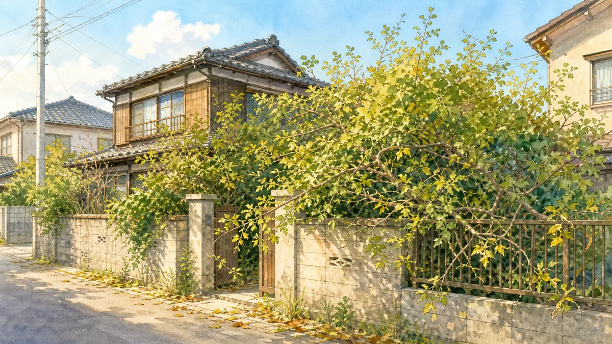 枝が伸び放題になった空き家の庭