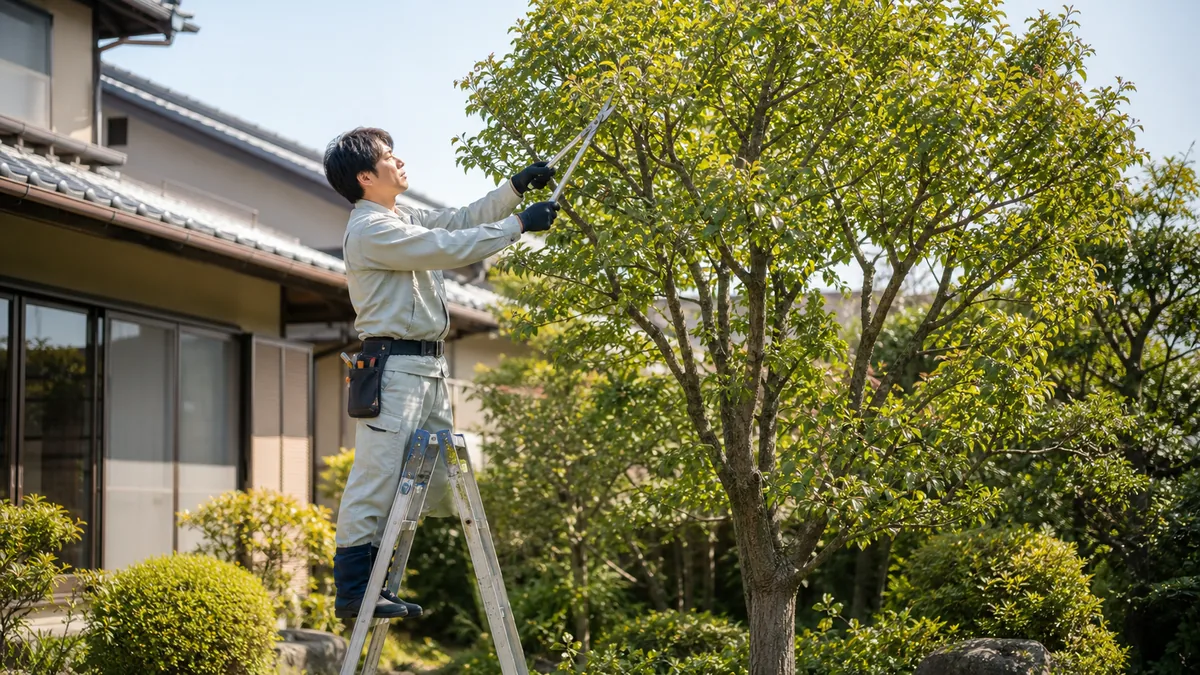 庭木を剪定する造園職人