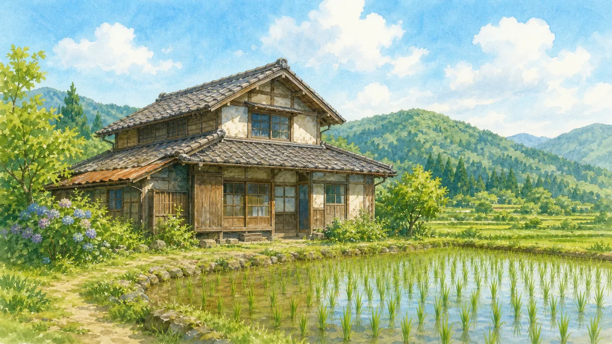 空き家の隣にある小さな田んぼ