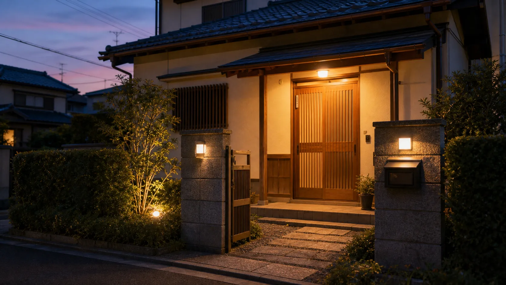 夕暮れの住宅街に建つ一戸建ての玄関