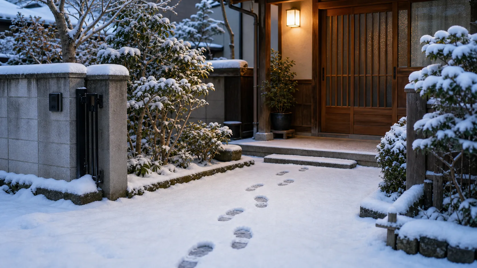 雪の積もった玄関先に残る足跡