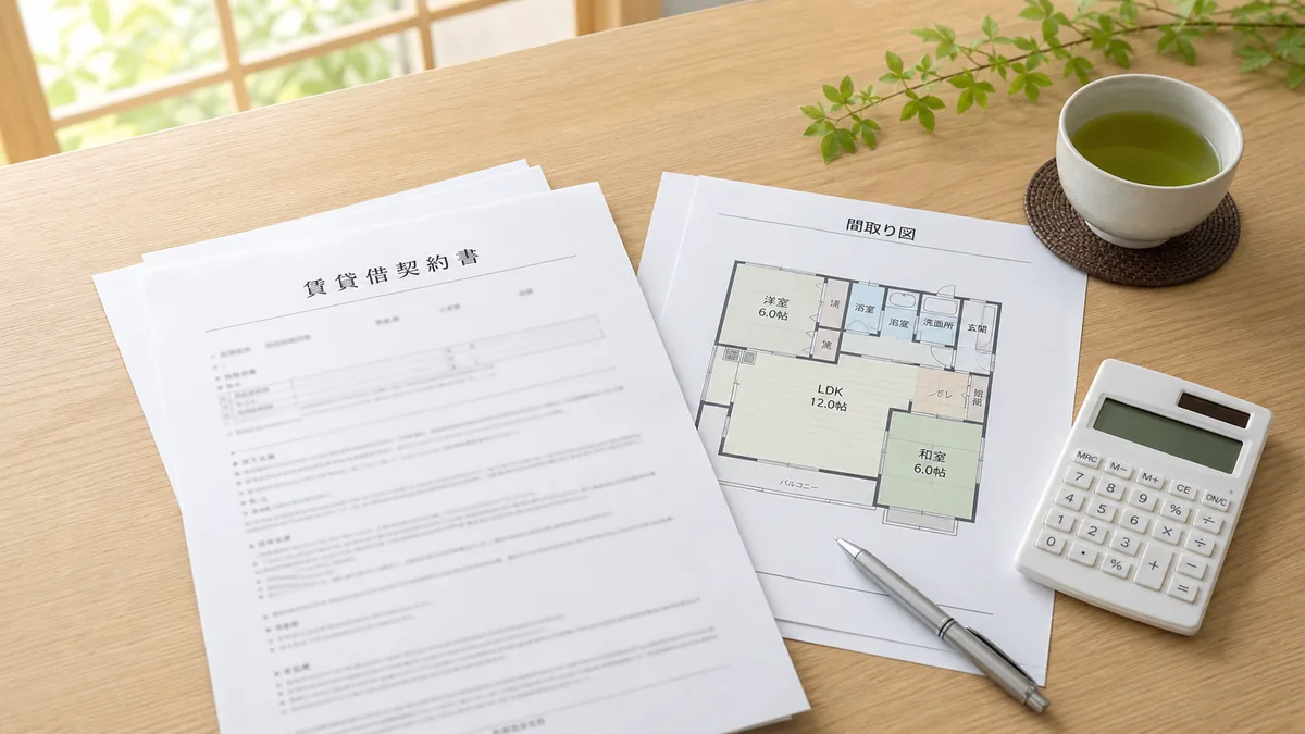 賃貸借契約書と間取り図、電卓が置かれた机