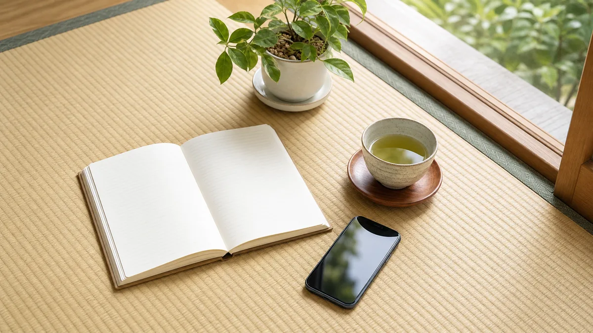 和室の窓辺に置かれたスマートフォンとノート