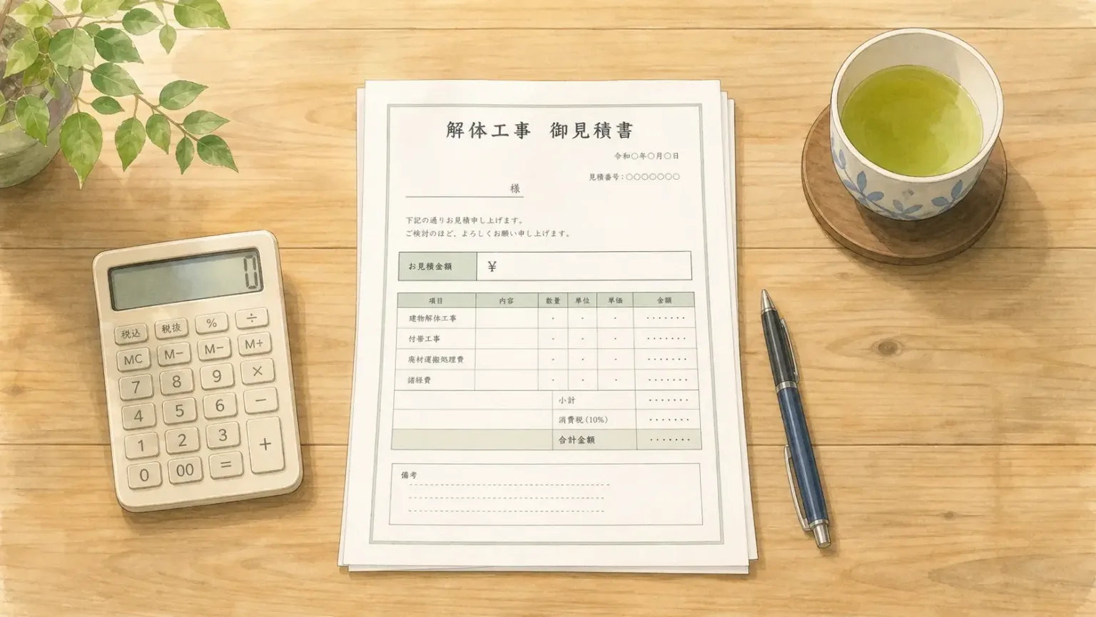 解体費用の見積書と電卓・計算機が並んだテーブル