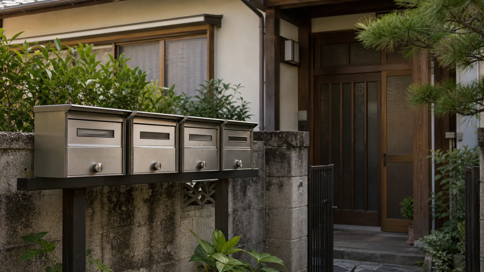 複数の郵便受けが並ぶ日本家屋の玄関先