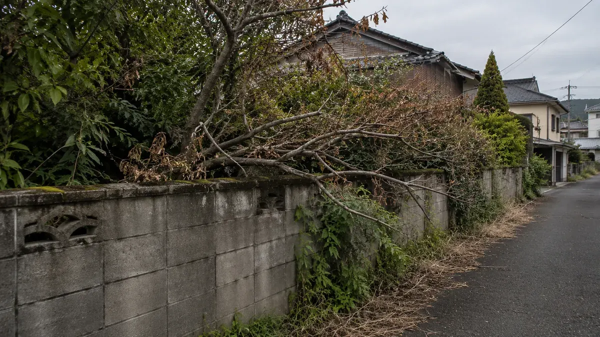 空き家の庭木が道路に越境している様子