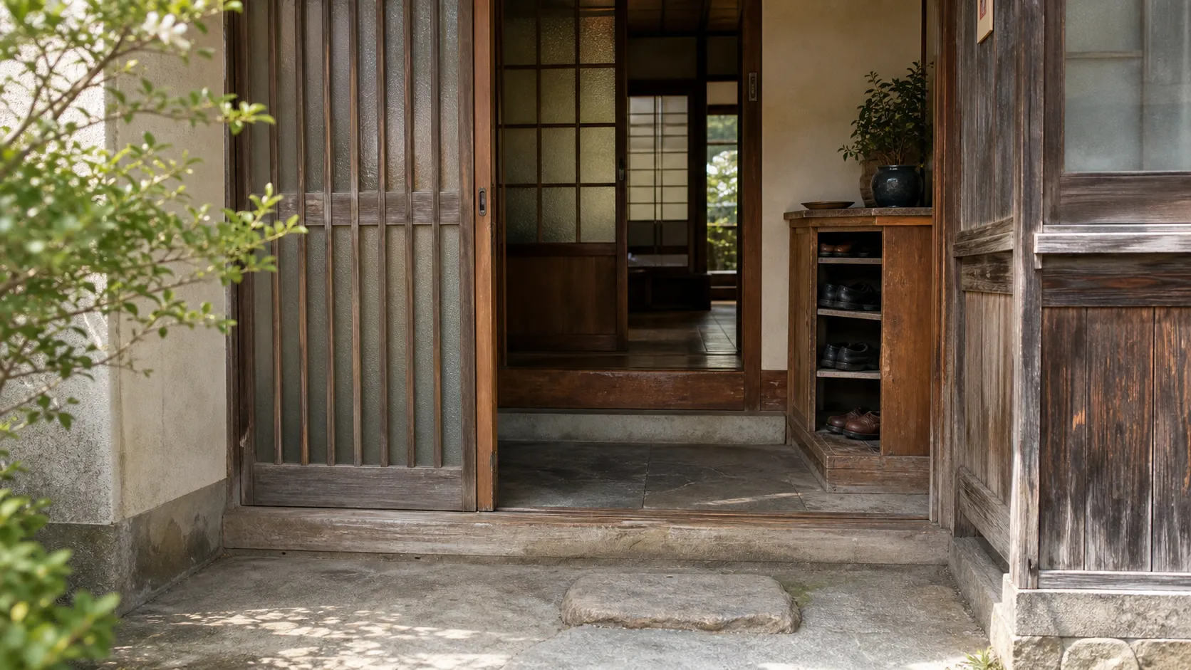使い込まれた木造家屋の玄関まわり